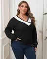 Détail du col en V contrasté et de la maille à rayures verticales sur le pull grande taille - 1XL / Noir