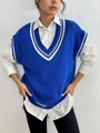 Detailed knit texture of blue V-neck sweater vest with preppy striped ribbed neckline - One Size / Blue