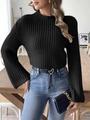 Women's black rib-knit cropped sweater with flare sleeves and mock neck styling - S / Tops / Black