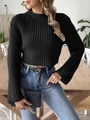 Detailed view of the black cropped knit sweater featuring trendy flared bell sleeves - S / Tops / Black