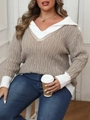 Women's plus size knit sweater with contrast collar and vintage cable knit texture - 0XL / Khaki