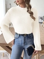 Detailed knit texture of cream crop sweater with mock neck and flared sleeves - S / Tops / White