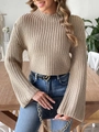 Detailed close-up of a women's beige chunky knit crop sweater with stylish flared sleeves - S / Tops / Khaki