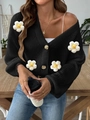 Detailed macro view of 3D crochet flower patches on a black knitted button-up cardigan - S / Black (4 Large Flowers)