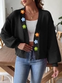 Women's black knit cardigan with 3D colorful crochet flower appliques in loose fit - S / Tops / Black