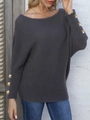 Pull en maille gris foncé pour femme avec col bateau, manches chauve-souris et boutons - S / Gris