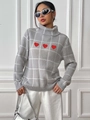 Maglione dolcevita grigio da donna con motivo a quadri bianchi e applicazioni a cuore - S / Grigio