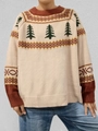 Maglione da donna in maglia beige con motivi ad albero di Natale e scollo rotondo comodo - Taglia unica / Albicocca