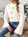 Détail du haut court en maille blanche avec boutons floraux et manches évasées - S / Style Tournesol Blanc