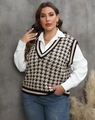 Detail of V-neck houndstooth knit vest layered over a white shirt in industrial setting - 1XL / Apricot
