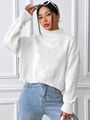 Detail of white high-neck knit sweater featuring delicate lace butterfly applique and ribbed hem - S / Tops / White