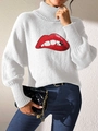 Close-up of white turtleneck sweater featuring a red sequin cartoon lip embroidery - White Red Lip