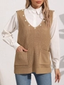 Detail of khaki knit vest with pearl V-neck accents and two front patch pockets - One Size / Khaki (Pearl Decorated)