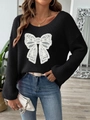 Maglione in maglia nera da donna con grande applicazione a fiocco in pizzo bianco - Taglia S / Top / Nero