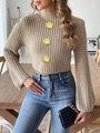 Detail of beige knit sweater featuring 3D crochet flowers and flared sleeve texture - S / Tops / Khaki