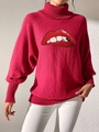 Women's rose red turtleneck sweater featuring sequined cartoon red lips embroidery design - Red Red Lips