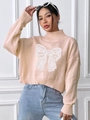Women's turtleneck short knit sweater in apricot with white lace bow embroidery - S / Tops / Apricot