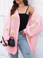 Pink oversized chunky knit cardigan for women with 3D daisy flower embroidery details - One Size / Pink
