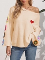 Maglione beige a spalle scoperte con toppa a cuore e maniche floreali lavorate all'uncinetto - S / Albicocca (Cuore)