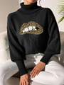 Dettaglio ricamo labbra paillettes su maglione nero a collo alto con maniche a palloncino - S / Nero Labbra Leopardate