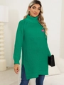 Smaragdgroene gebreide trui-jurk met col, bloemborduursels en zijsplitjes - S / Groen (Roze bloemdecoratie)