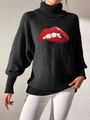 Dettaglio di un maglione nero a collo alto con ricamo di labbra in paillettes rosse - S / Nero Labbra Rosse