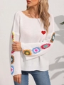 Jersey de punto para mujer con mangas de flores de ganchillo y bordado de corazón rojo - S / Blanco (Corazón)