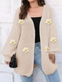 Women's beige oversized chunky knit cardigan featuring 3D white daisy floral appliqués - One Size / Apricot