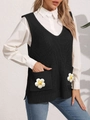 Detailed knit texture of V-neck vest with white crochet daisy flower pockets - One Size / Black
