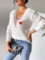 Close-up of V-neck sweater with lace trim, red heart patch and hollow knit sleeves - S / Tops / White
