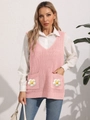 Pink knit vest with V-neck and 3D floral pockets for casual women's layered style - One Size / Lotus root pink