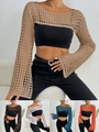 Short crochet hollow knit long sleeve bolero shrug available in various solid colors - One Size / Tops / Khaki