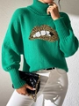 Dettaglio del maglione verde a collo alto con ricamo a forma di labbra con stampa leopardata - S / Verde Labbra Leopardate