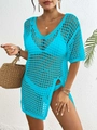 Détails du tricot d'une tunique de plage bleue à col en V et fentes latérales hautes - Taille unique / Bleu