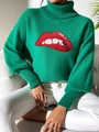 Dettaglio del maglione a collo alto verde con ricamo labbra di paillettes rosse e maglia - S / Verde Labbra Rosse