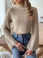 Damen Strickpullover bauchfrei in Beige mit Perlenkragen und ausgestellten Ärmeln - S / Khaki