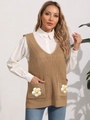 Close-up of khaki V-neck knitted vest with handmade daisy flower crochet pockets - One Size / Khaki
