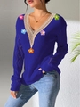 Detail of royal blue V-neck knit sweater with beige crochet lace and floral appliques - Dark Blue