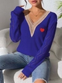 Navy V-neck knit sweater with lace trim, heart patch and hollow out crochet sleeves - Dark Blue