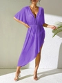 Detalle del vestido playero de gasa morada con cuello en V profundo y dobladillo irregular - Talla única / Morado