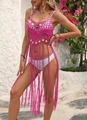 Detail of fuchsia crochet beach cover-up featuring colorful sequins and long fringe tassels - One Size / Tops / Rose Red