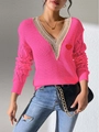 Women's V-neck knit sweater in bright pink with lace trim and red heart patch detail - S / Tops / Rose Red