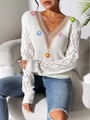 Detail of V-neck white knit sweater with colorful floral lace appliqué and crochet texture - S / Tops / White