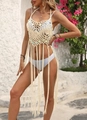 Detail of hand-crocheted beach cover-up featuring iridescent sequins and long boho tassels - One Size / Tops / Apricot