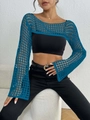 Close-up of peacock blue crochet mesh shrug featuring wide knit texture and long sleeves - One Size / Peacock Blue