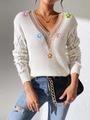 Dettaglio maglione bianco con scollo a V, pizzo e fiori in maglia 3D multicolore - S / Bianco