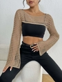 Detail of hollow out knit beach cover up with beige textured crochet stitch pattern - One Size / Tops / Khaki