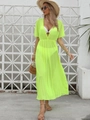 Detalle de pareo de playa verde neón en malla transparente con cuello en V y cintura elástica - Talla única / Verde