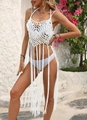 Detail of white crochet beach cover-up with sequins and long fringe tassels - One Size / Tops / White