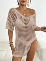 Dettaglio copricostume beige all'uncinetto con scollo a V, maglia traforata e spacco - Taglia unica / Albicocca
